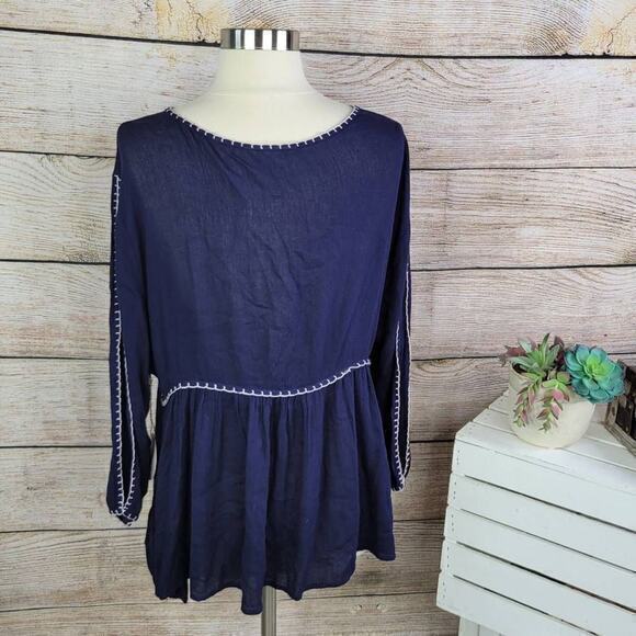 NWT Hummingbird Tassel Keyhole Crepe Navy Blue Top Size Large - Picture 4 of 7